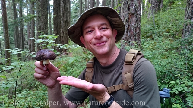 hiker with red mushroom