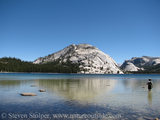 Ranger James wades toward a low flat rock