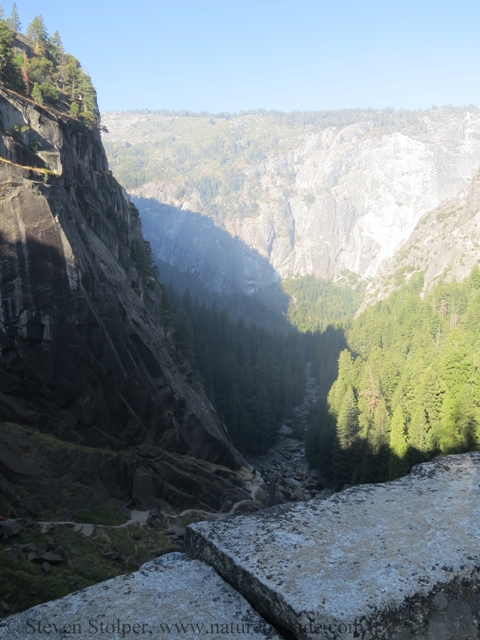 Top of Vernal Falls. You can see the trail climbing toward the falls on the left. It is usually shrouded in water and mist.