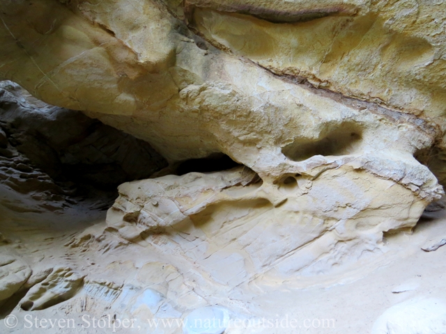 Part of the back of the cave. Colored swirls are interrupted by tafoni-like holes.