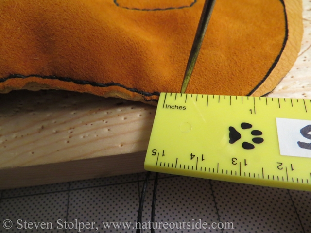 I made my holes 3/8” apart. Fewer holes mean less work stitching. But more stitches are usually stronger.