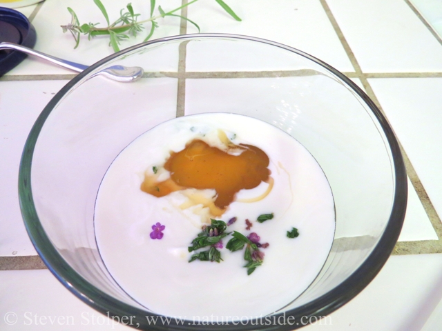 Lavender dip ingredients in a glass container, not yet mixed