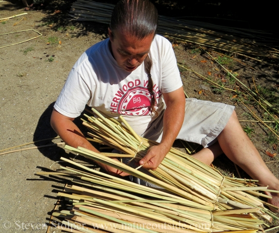 Making a tule mat. Reverse wrap cordage like you are making rope. But at each twist insert a fist-full of tule.