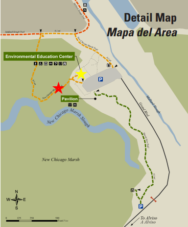 The yellow star indicates the trailhead.  The red star shows where we found the fox tracks. Map by U.S. Fish and Wildlife Service.  Annotated by NatureOutside.