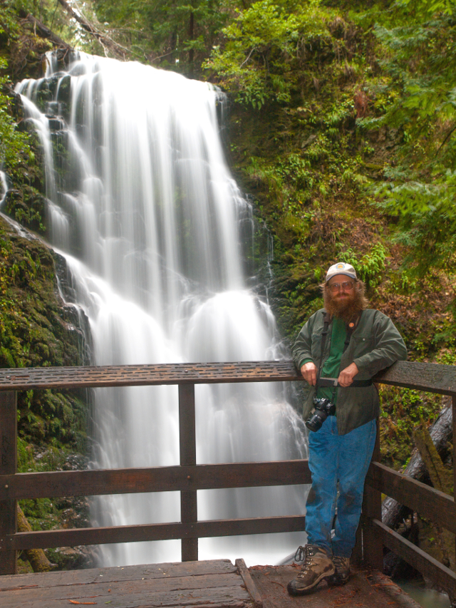 Scott Peden, Big Basin Docent in front of Berry Creek Falls