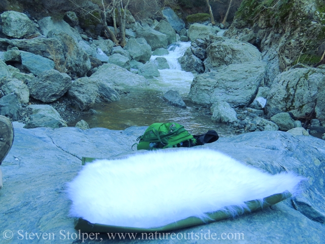 sheepskin sit pad on boulder