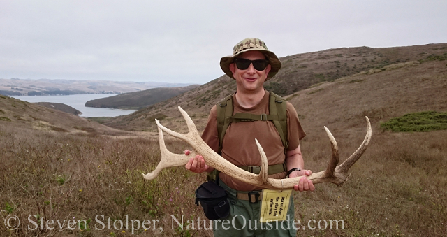 hiker holding elk antler shed