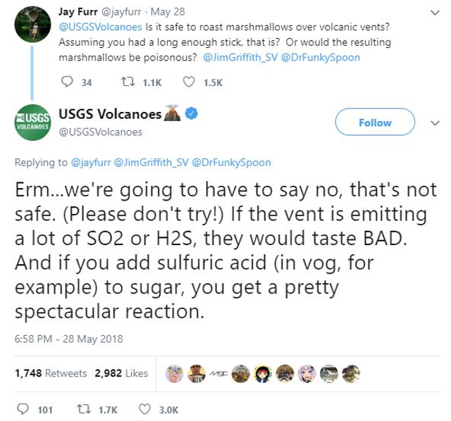 twitter exchange about volcano marshmallows