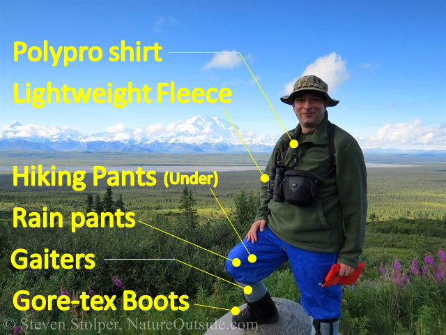 hiker dressed for denali national park annotated