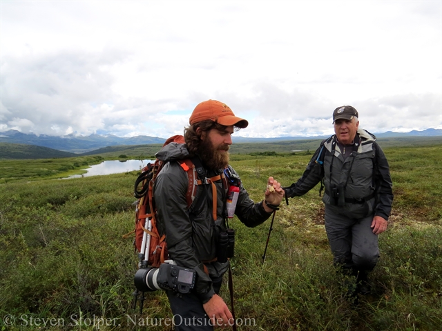 hiker looks at bone