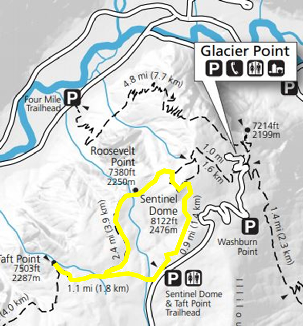 map of sentinel dome and taft point yosemite trail